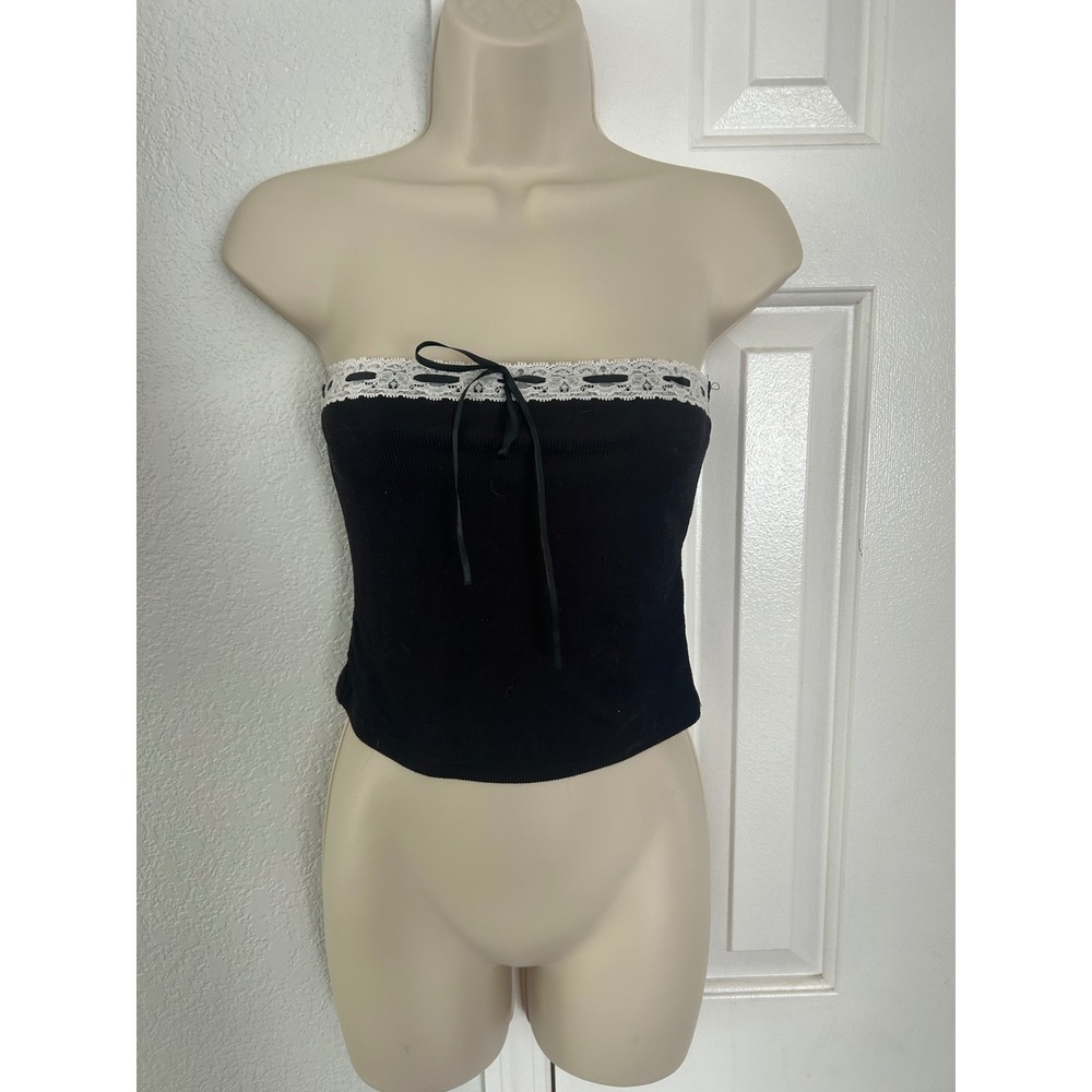 Faded Rose Essentials Black Ribbed Tube Top Lace Trim Bow Coquette Y2K Medium
